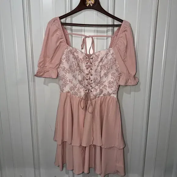 Fairycore Coquette Corset Lace Up Pink Mini Dress Puff Sleeve Cottagecore  Large - Picture 2 of 13